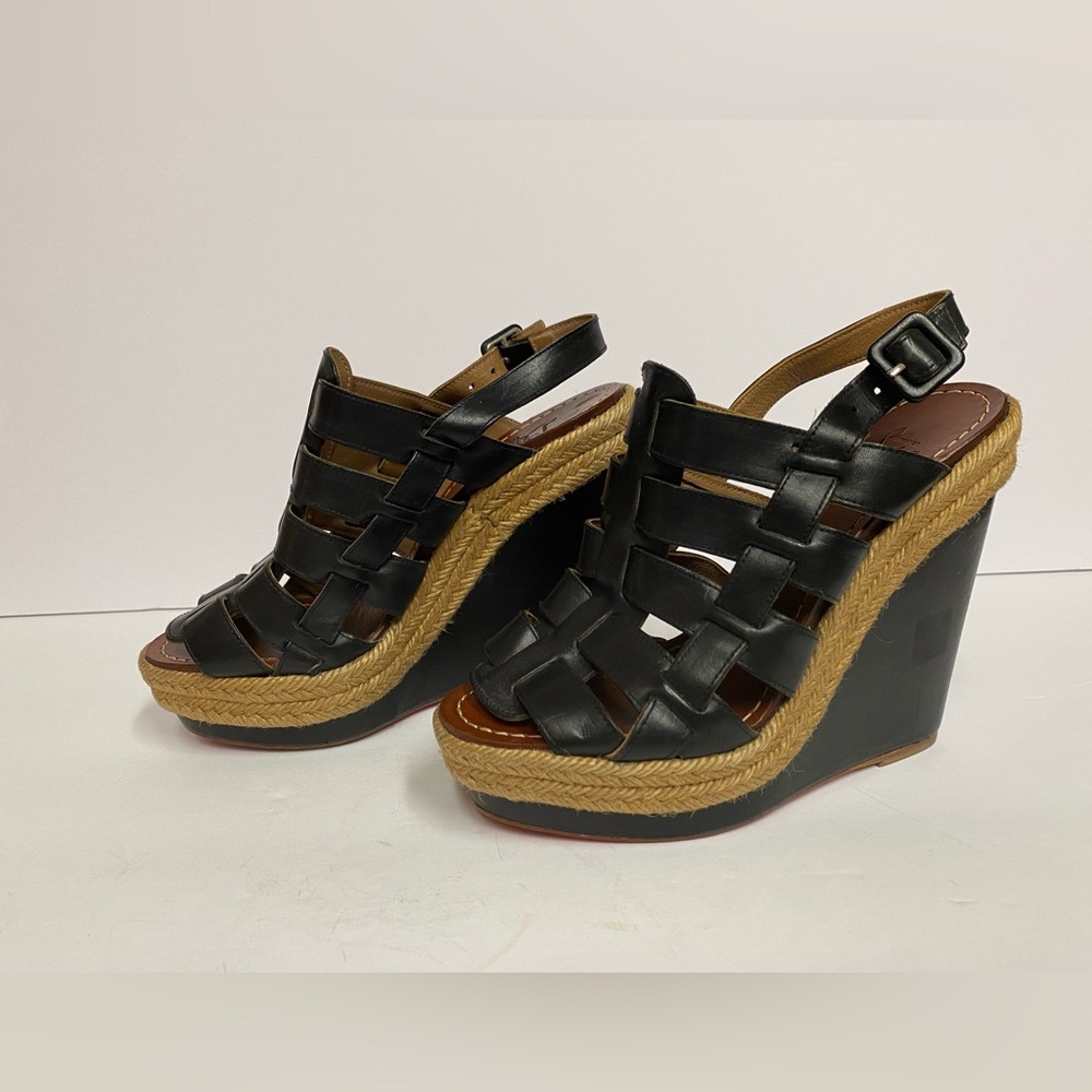 Christian Louboutin Barcelona wedge espadrille sandals leather black 37